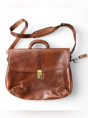 Tumi Chestnut Brown Leather Briefcase with Adjustable Shoulder Strap